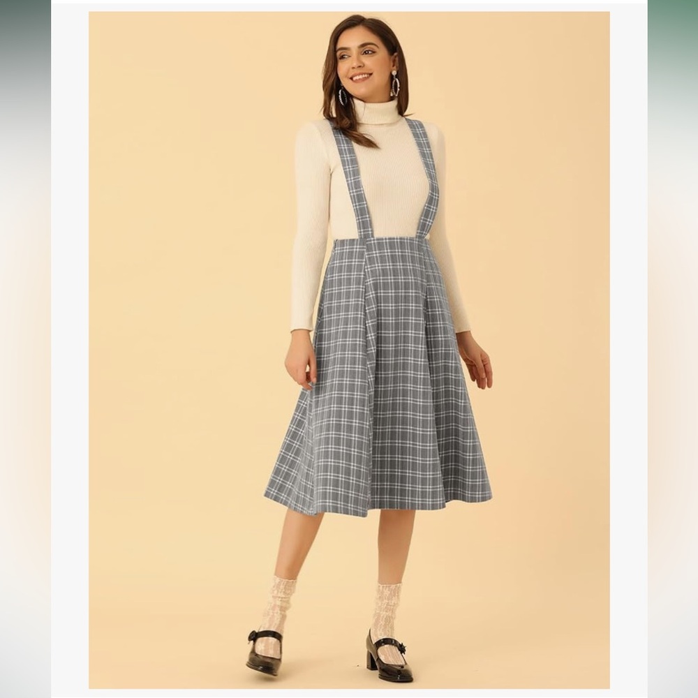 Allegra K Midi Overall Skirt Tartan A-Line Vintage Plaid Suspender Skirt